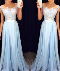 A-line Round Neck Lace Applique Chiffon Long Prom Dress, Formal Dress - RongMoon