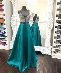 Green v neck sequin long prom dress, green evening dress - RongMoon