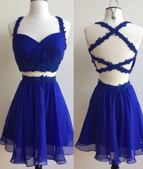 Blue two pieces lace short prom dress, cute homecoming dress - RongMoon