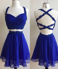 Blue two pieces lace short prom dress, cute homecoming dress - RongMoon