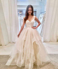 Simple light champagne tulle long prom dress, tulle evening dress - RongMoon