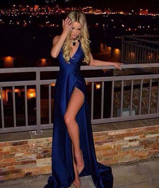 Simple dark blue v neck long prom dress, evening dress - RongMoon