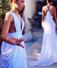 White Backless Chiffon Long Prom Dress, Evening Dress - RongMoon