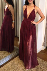Burgundy v neck tulle lace long prom dress, tulle evening dress - RongMoon