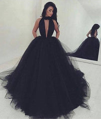 Custom made black tulle long prom dress, black evening dress - RongMoon