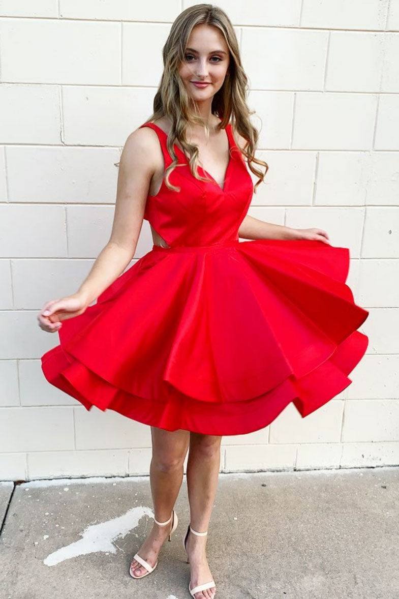 Simple red v neck satin short prom dress red homecoming dress - RongMoon