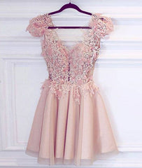 pink v neck short prom dress, cute homecoming dress - RongMoon