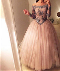 Unique off shoulder tulle long prom dress, evening dress - RongMoon