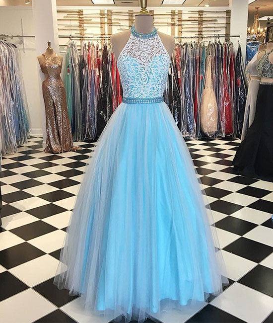 Blue high neck lace tulle long prom dress, blue evening dress - RongMoon