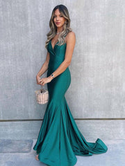 Simple v neck green mermaid long prom dress, green bridesmaid dress - RongMoon