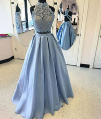 blue two pieces lace long prom dress, blue lace evening dress - RongMoon