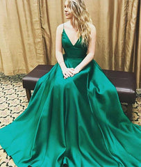 Simple green v neck long prom dress, green evening dress - RongMoon