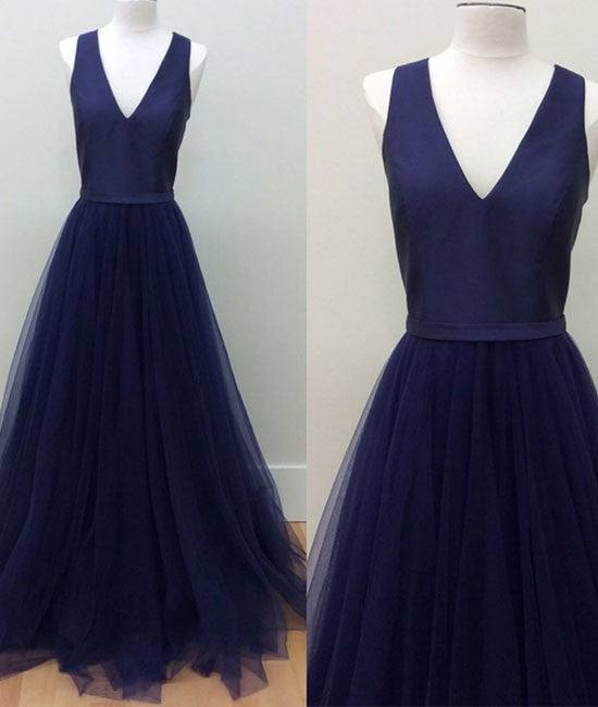 simple v neck tulle long prom dress, dark blue evening dress - RongMoon