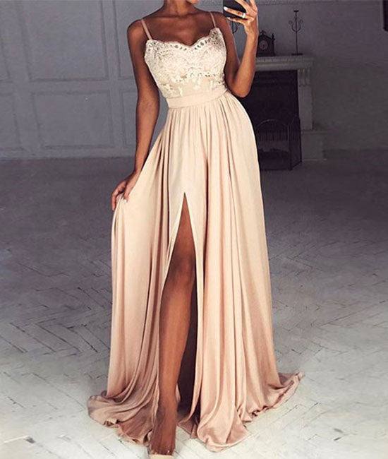 Champagne sweetheart lace long prom dress, formal dress - RongMoon