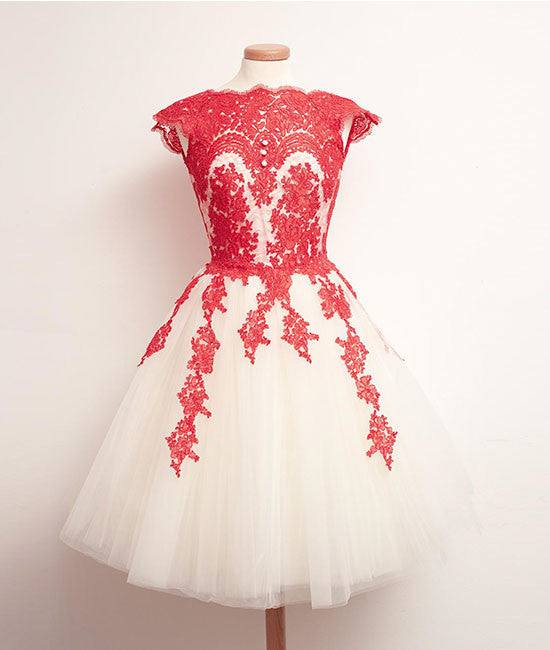 Red Lace Tulle Short Prom Dress, Homecoming Dress - RongMoon