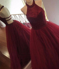 burgundy tulle sequin long prom dress, cute evening dress for teens - RongMoon