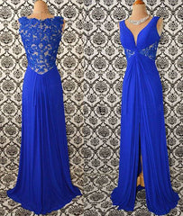 Royal blue v neck chiffon lace long prom dress, evening dress - RongMoon