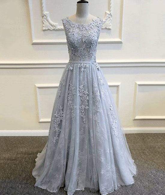 A-line round neck tulle lace long gray prom dress, bridesmaid dress - RongMoon
