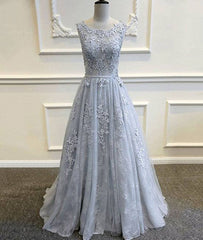 A-line round neck tulle lace long gray prom dress, bridesmaid dress - RongMoon