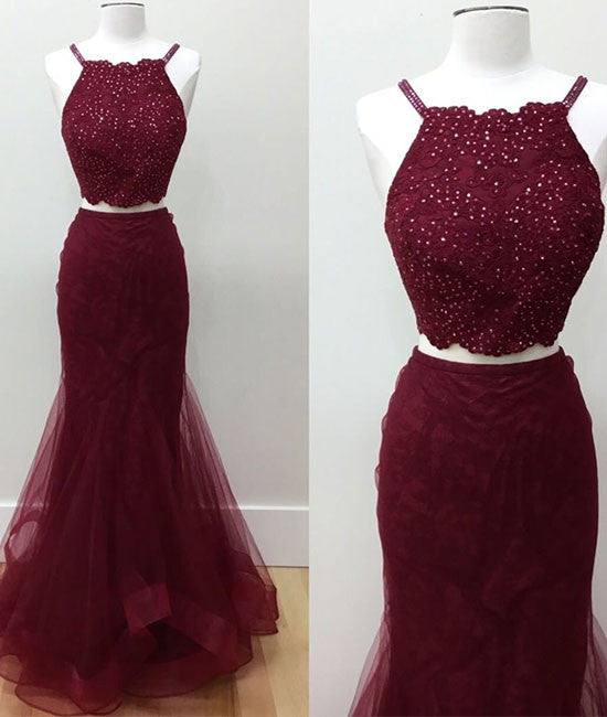 Burgundy two pieces lace tulle long prom dress - RongMoon
