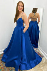 Blue satin backless long prom dress blue evening dress - RongMoon
