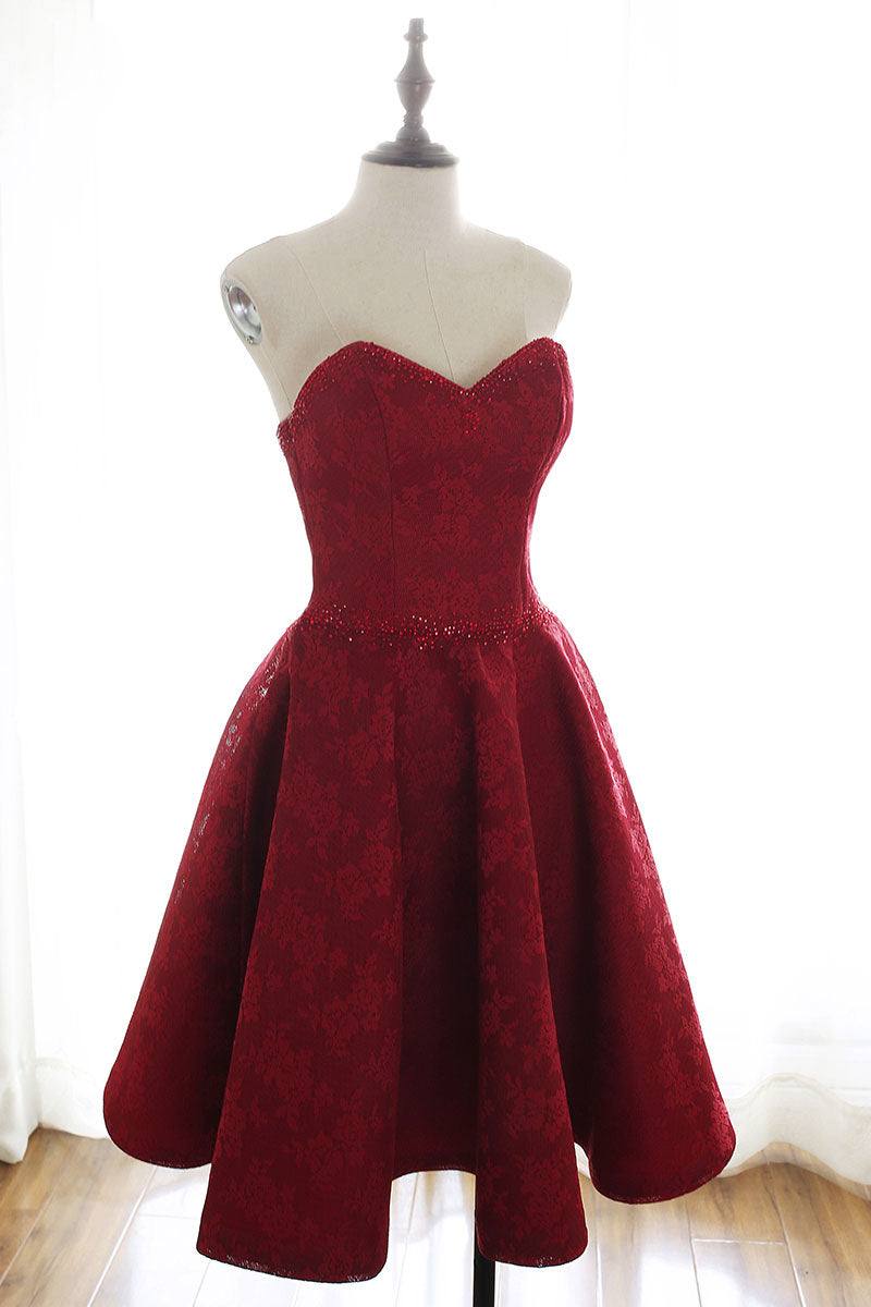 Burgundy sweetheart lace short prom dress burgundy homecoming dress - RongMoon