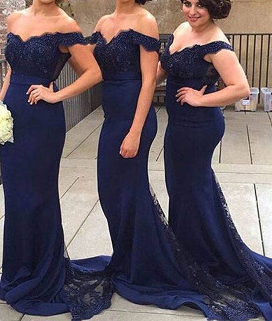 Dark blue off shoulder lace mermaid long prom dress, blue bridesmaid dress - RongMoon