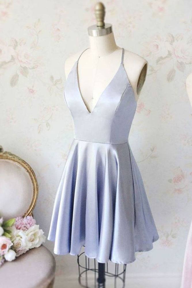 Simple blue v neck short prom dress, blue homecoming dress - RongMoon