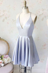 Simple blue v neck short prom dress, blue homecoming dress - RongMoon