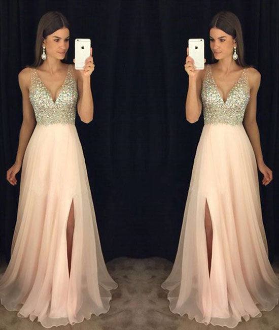 Pink v neck chiffon long prom dress, pink evening dress - RongMoon