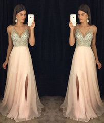 Pink v neck chiffon long prom dress, pink evening dress - RongMoon
