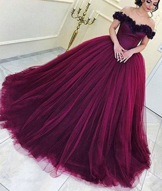 Burgundy tulle long prom gown, burgundy evening dress - RongMoon