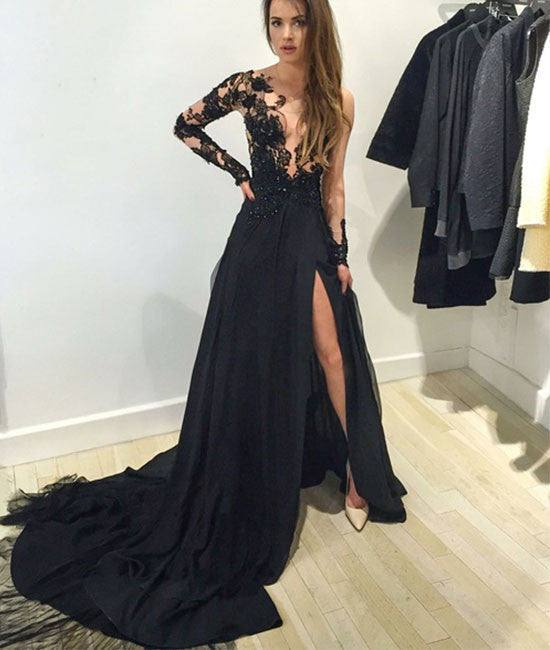 Black A-line long Sleeve With Train Prom Dress, Black Evening Dress - RongMoon