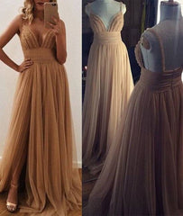 Champagne tulle long prom dress, tulle evening dress for teens - RongMoon