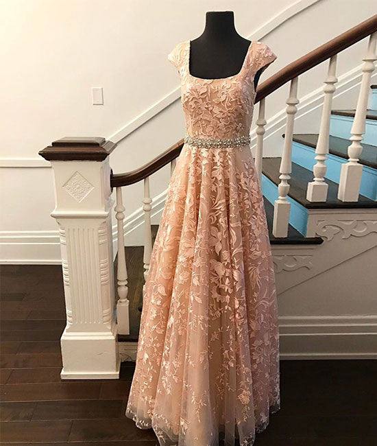 Cute lace champagne prom dress, lace evening dress - RongMoon