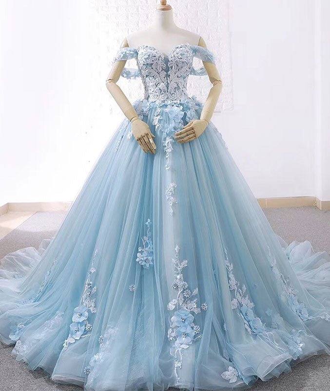 Blue sweetheart tulle lace long prom dress, blue wedding dress - RongMoon