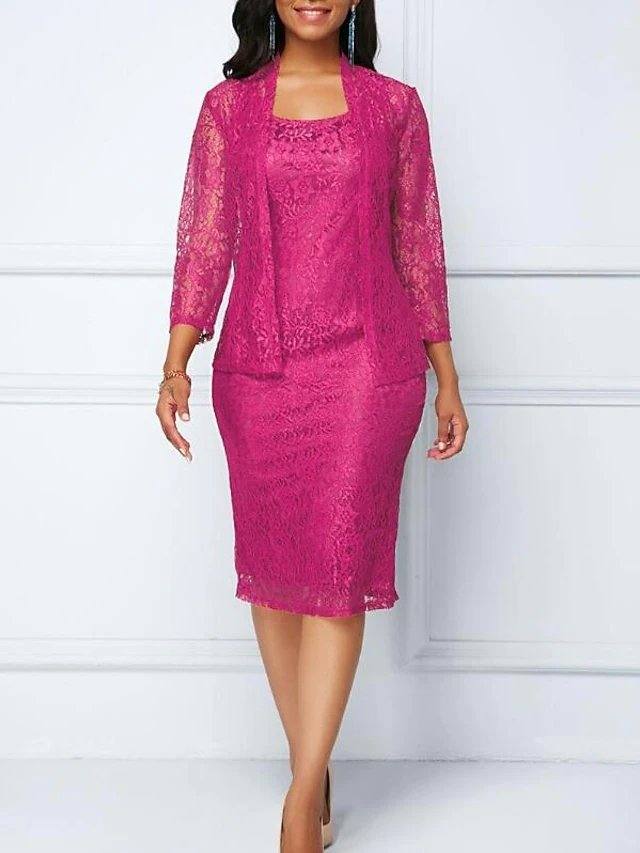 Two Piece Sheath / Column Mother of the Bride Dress Wrap Included Scoop Neck Knee Length Lace Satin 3/4 Length Sleeve with Split Front - RongMoon