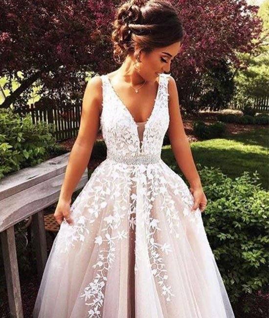 custom made v neck lace tulle long prom dress, formal dress - RongMoon