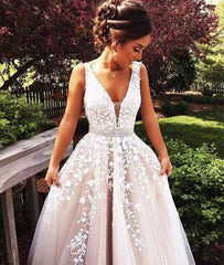 custom made v neck lace tulle long prom dress, formal dress - RongMoon