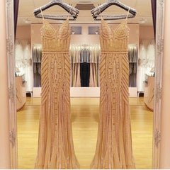 V Neck Long Tulle Mermaid Evening Dresses With Gold Beading