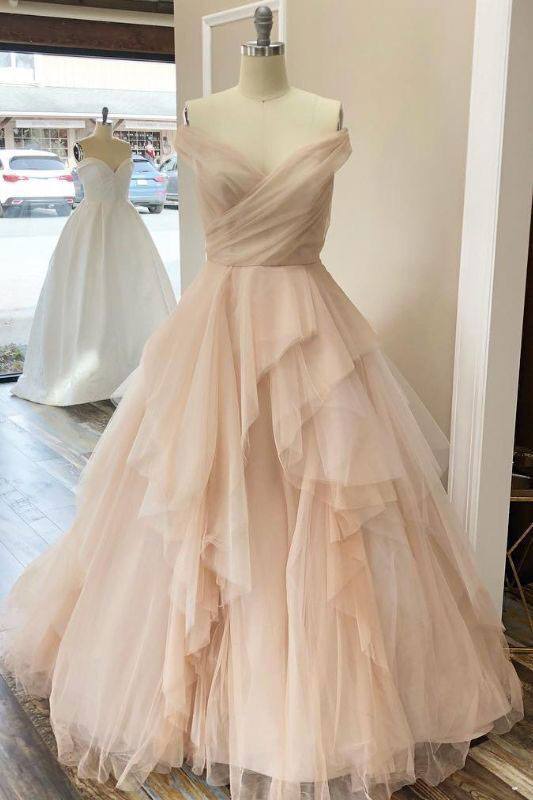 Champagne sweetheart tulle long prom dress tulle formal dress - RongMoon