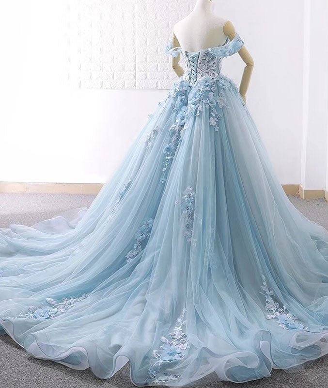 Blue sweetheart tulle lace long prom dress, blue wedding dress - RongMoon