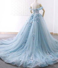 Blue sweetheart tulle lace long prom dress, blue wedding dress - RongMoon
