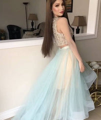 Cute two pieces tulle sequin long prom dress, formal dresses - RongMoon