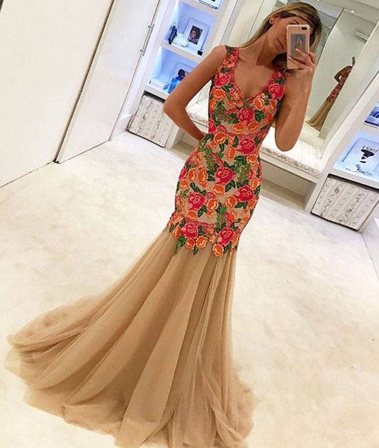 unique lace applique tulle long prom dress, evening dress - RongMoon