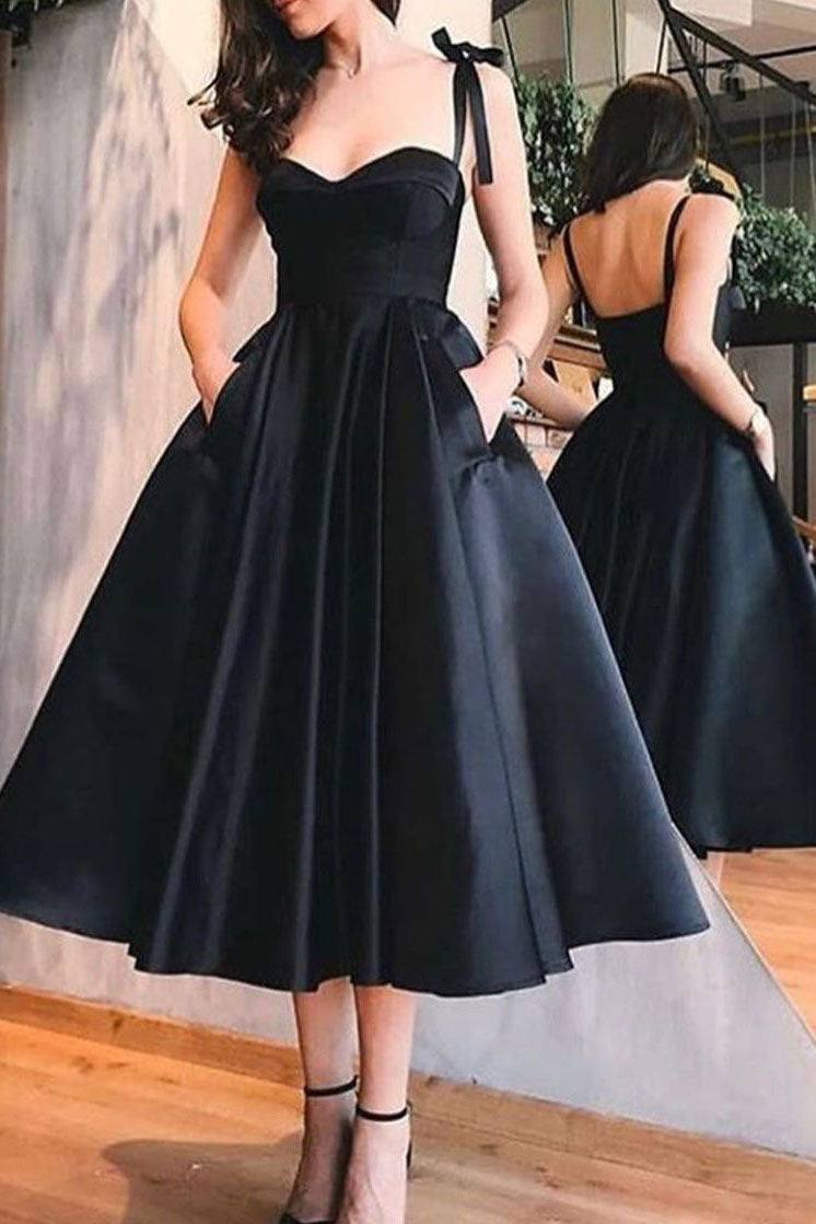 Simple sweetheart satin black prom dress, black homecoming dress - RongMoon