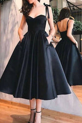 Simple sweetheart satin black prom dress, black homecoming dress - RongMoon