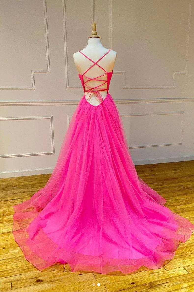 Simple pink tulle long prom dress pink tulle formal dress - RongMoon