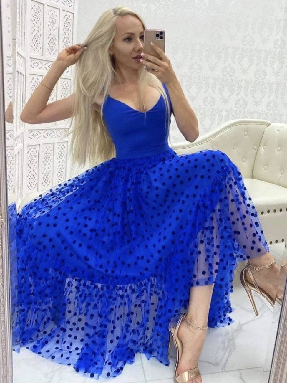 Blue v neck tulle tea length prom dress, blue tulle formal dress - RongMoon