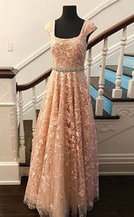 Cute lace champagne prom dress, lace evening dress - RongMoon